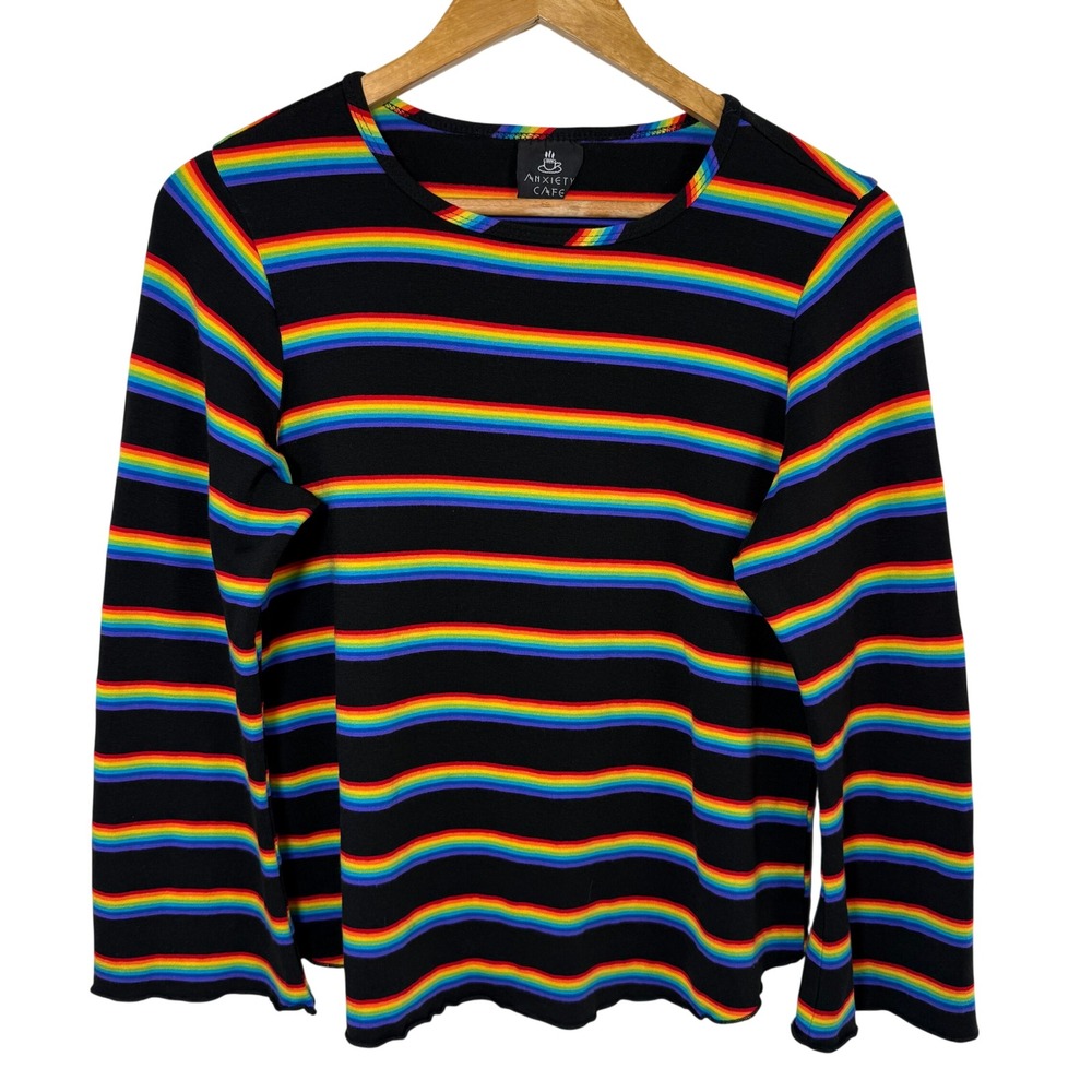 Anxiety Cafe Rainbow Stripe Lettuce Hem Long Sleeve Top Y2K Indie Pride‎ Small